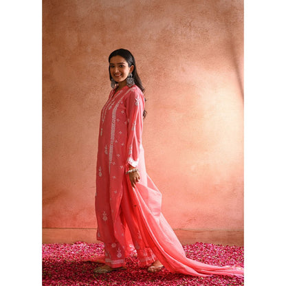 House of Chikankari Aabis Chikankari Chanderi Straight Kurta, Pants with Inner & Dupatta (Set of 4)