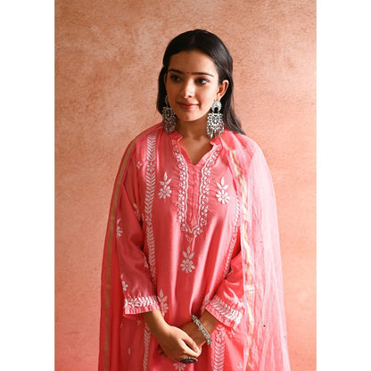 House of Chikankari Aabis Chikankari Chanderi Straight Kurta, Pants with Inner & Dupatta (Set of 4)