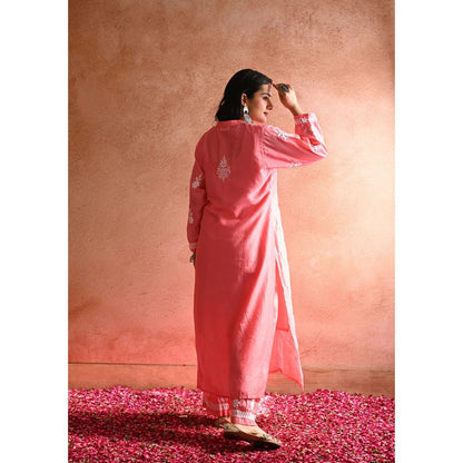 House of Chikankari Aabis Chikankari Chanderi Straight Kurta, Pants with Inner & Dupatta (Set of 4)