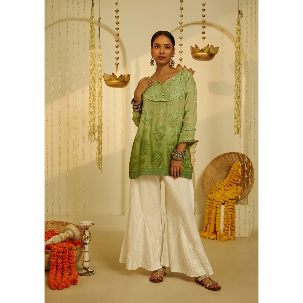 House of Chikankari Arfa Chikankari Muslin A-Line Short Kurta Green