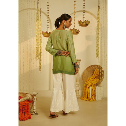House of Chikankari Arfa Chikankari Muslin A-Line Short Kurta Green