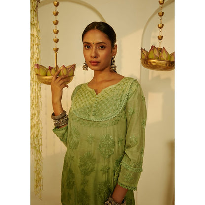 House of Chikankari Arfa Chikankari Muslin A-Line Short Kurta Green