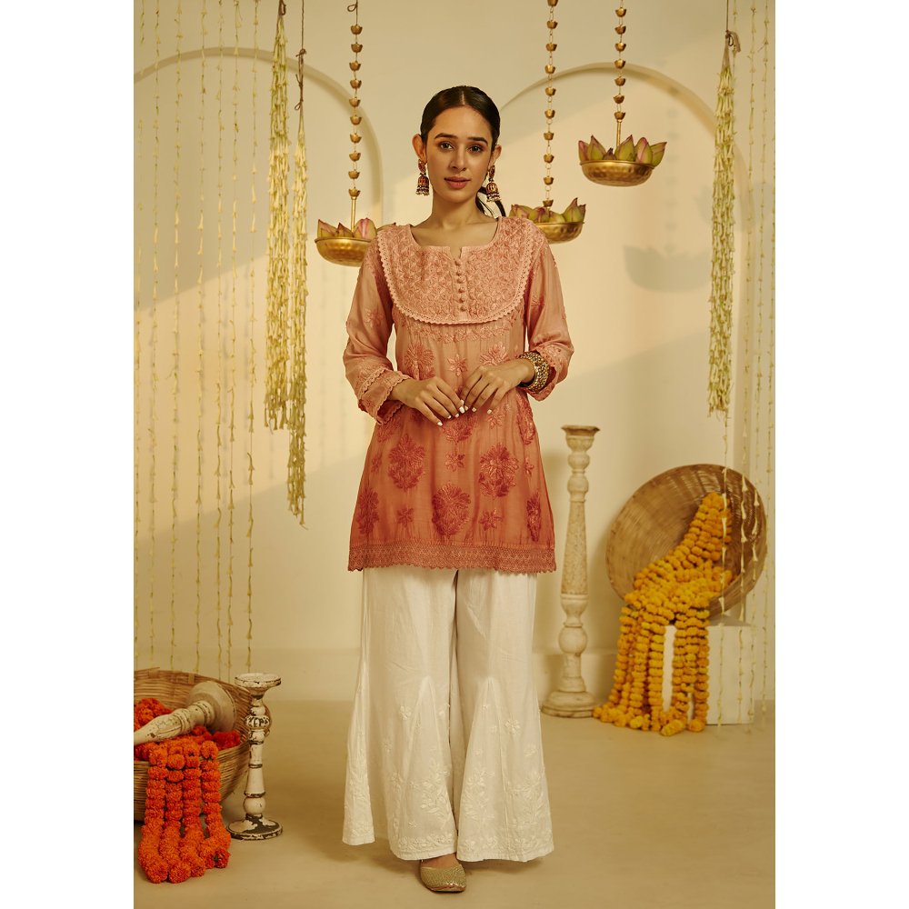 House of Chikankari Arfa Chikankari Muslin A-Line Short Kurta Peach