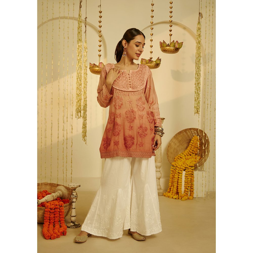 House of Chikankari Arfa Chikankari Muslin A-Line Short Kurta Peach