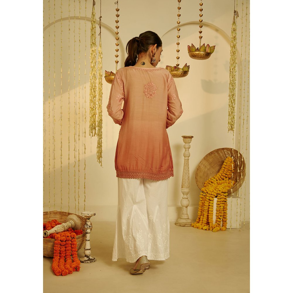 House of Chikankari Arfa Chikankari Muslin A-Line Short Kurta Peach