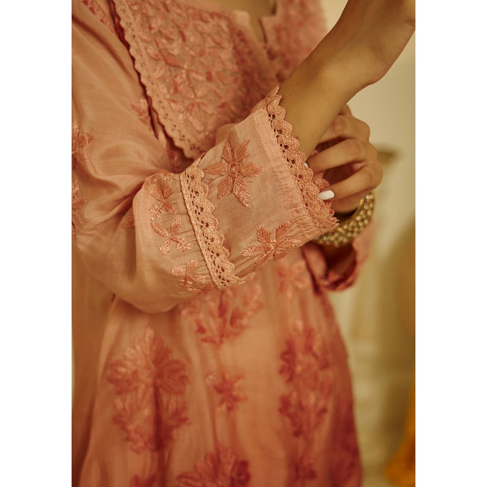 House of Chikankari Arfa Chikankari Muslin A-Line Short Kurta Peach