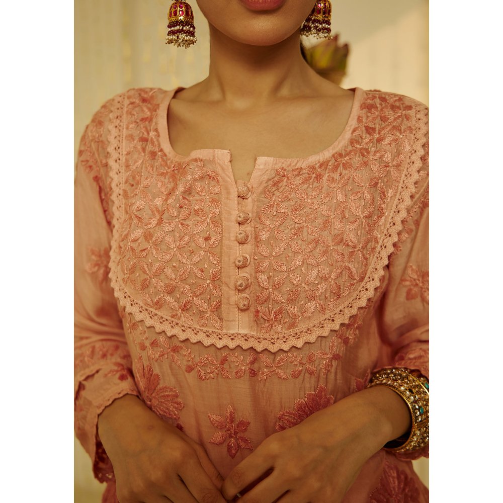 House of Chikankari Arfa Chikankari Muslin A-Line Short Kurta Peach