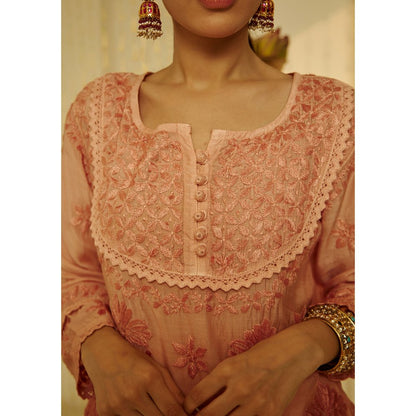 House of Chikankari Arfa Chikankari Muslin A-Line Short Kurta Peach