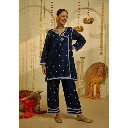 House of Chikankari Mahak Chikankari Chanderi Short Angrakha Blue (Set of 2)