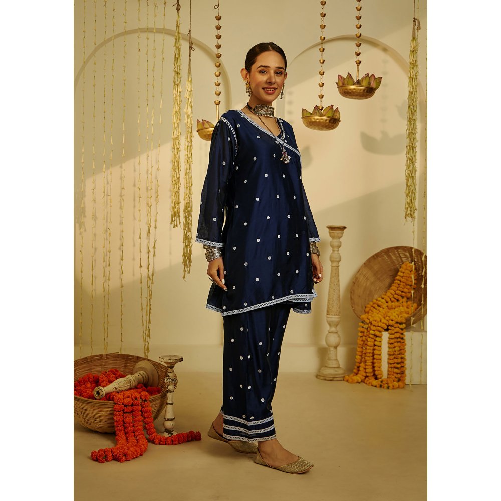 House of Chikankari Mahak Chikankari Chanderi Short Angrakha Blue (Set of 2)