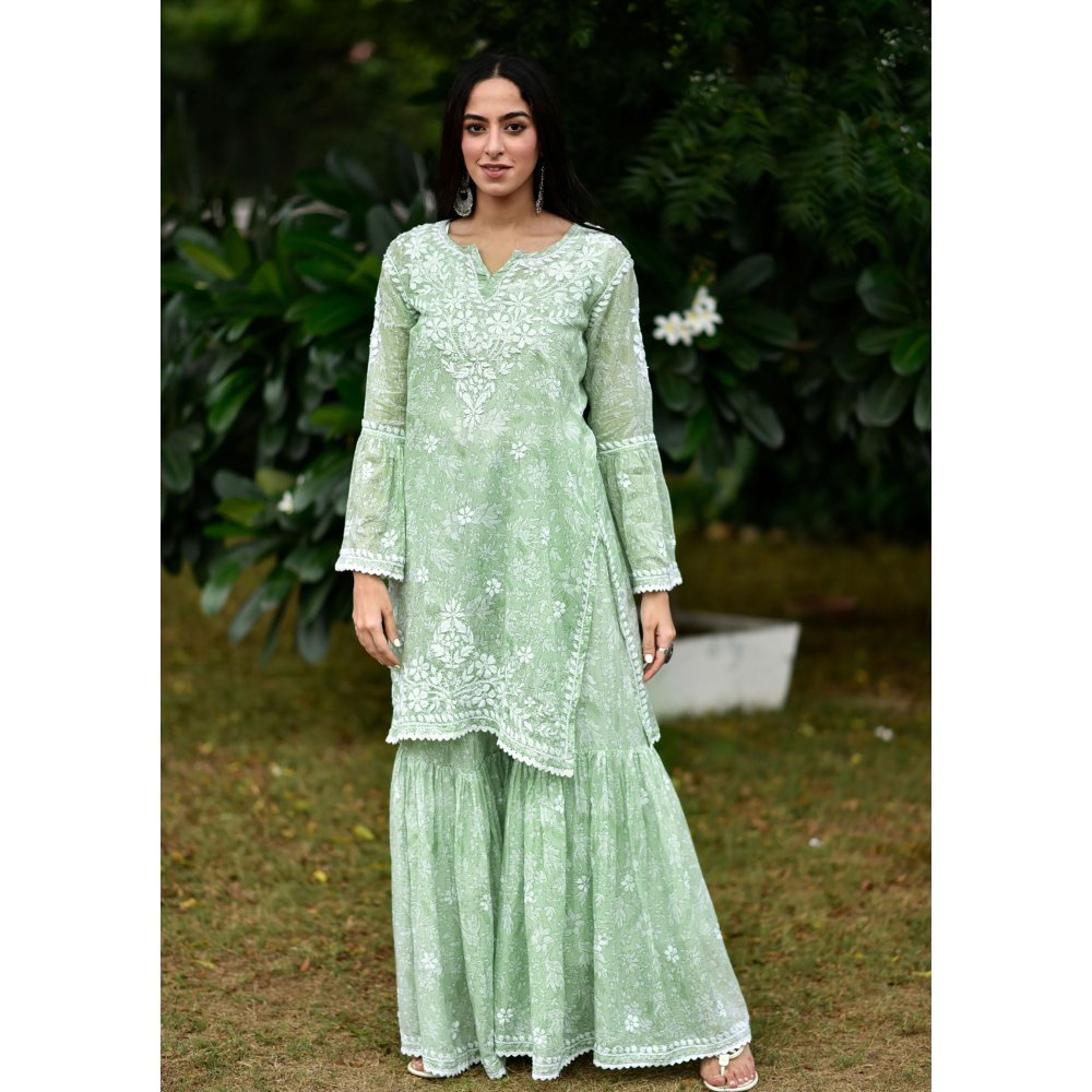 House of Chikankari Marwa Chikankari Mulmul Gharara Kurta Green (Set of 2)