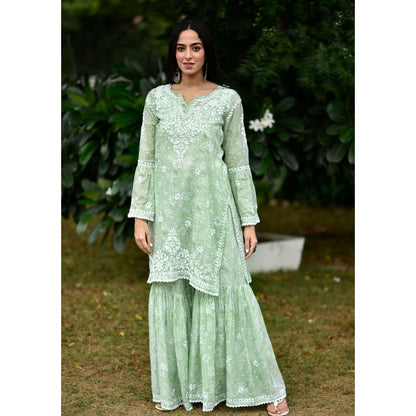 House of Chikankari Marwa Chikankari Mulmul Gharara Kurta Green (Set of 2)