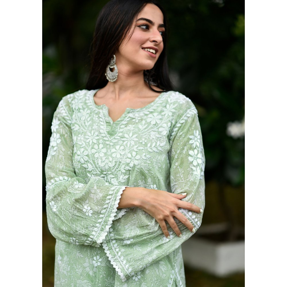 House of Chikankari Marwa Chikankari Mulmul Gharara Kurta Green (Set of 2)