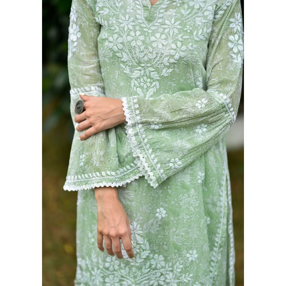 House of Chikankari Marwa Chikankari Mulmul Gharara Kurta Green (Set of 2)