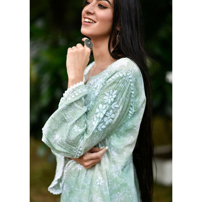 House of Chikankari Marwa Chikankari Mulmul Gharara Kurta Green (Set of 2)