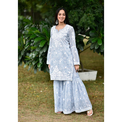 House of Chikankari Marwa Chikankari Mulmul Gharara Kurta Blue (Set of 2)