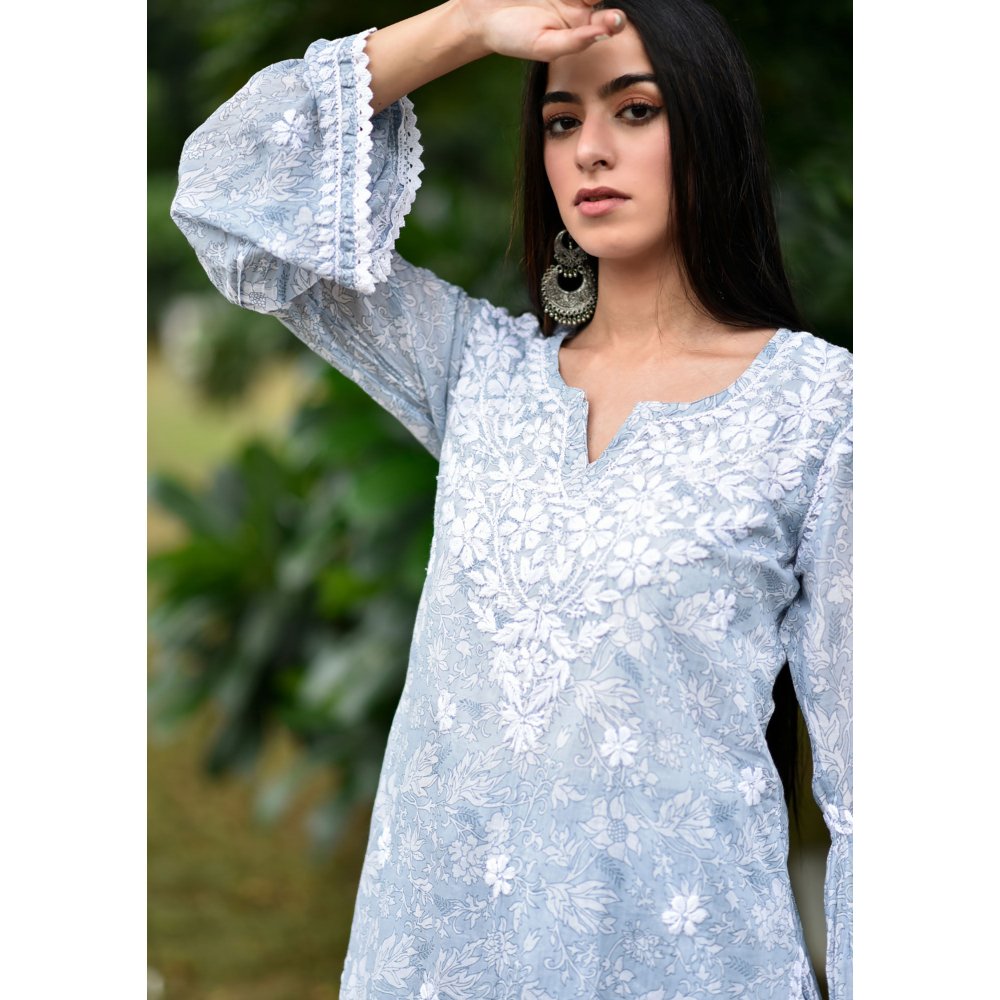 House of Chikankari Marwa Chikankari Mulmul Gharara Kurta Blue (Set of 2)
