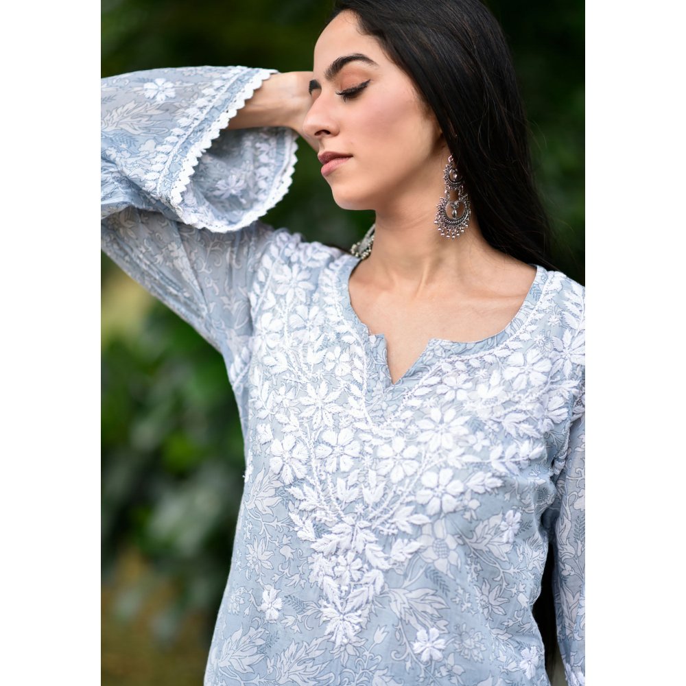 House of Chikankari Marwa Chikankari Mulmul Gharara Kurta Blue (Set of 2)