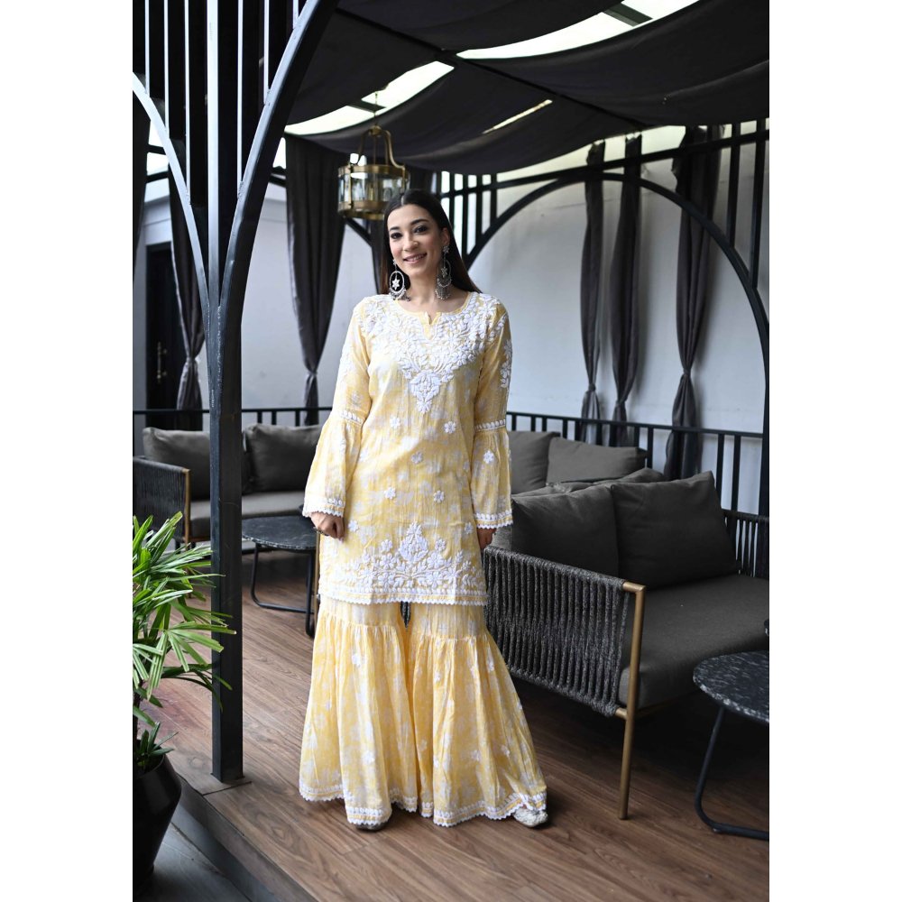 House of Chikankari Marwa Chikankari Mulmul Gharara Kurta Yellow (Set of 2)