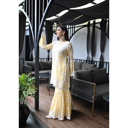 House of Chikankari Marwa Chikankari Mulmul Gharara Kurta Yellow (Set of 2)