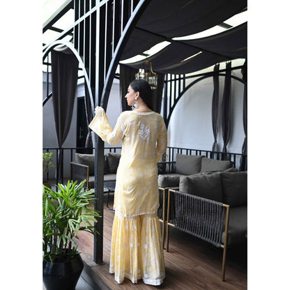 House of Chikankari Marwa Chikankari Mulmul Gharara Kurta Yellow (Set of 2)