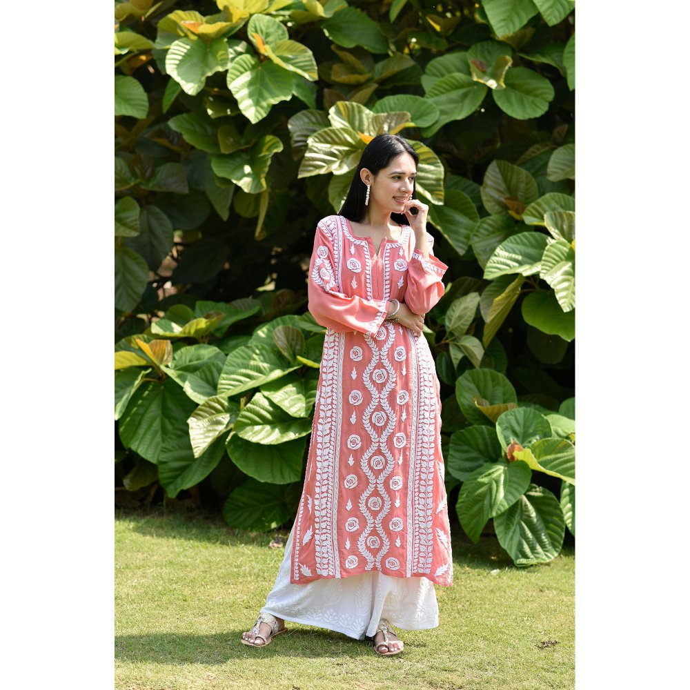House of Chikankari Nabiha Chikankari Modal Straight Kurta Peach