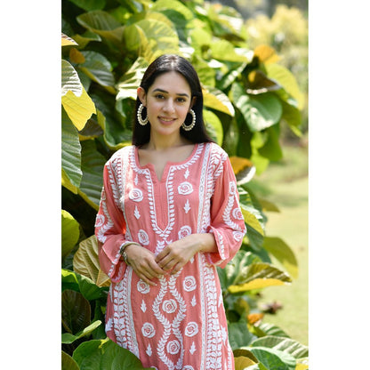 House of Chikankari Nabiha Chikankari Modal Straight Kurta Peach