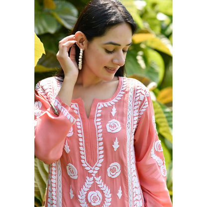 House of Chikankari Nabiha Chikankari Modal Straight Kurta Peach