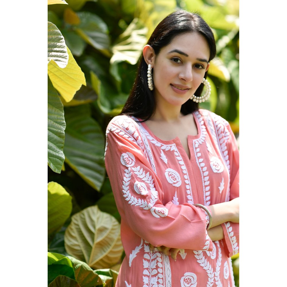 House of Chikankari Nabiha Chikankari Modal Straight Kurta Peach