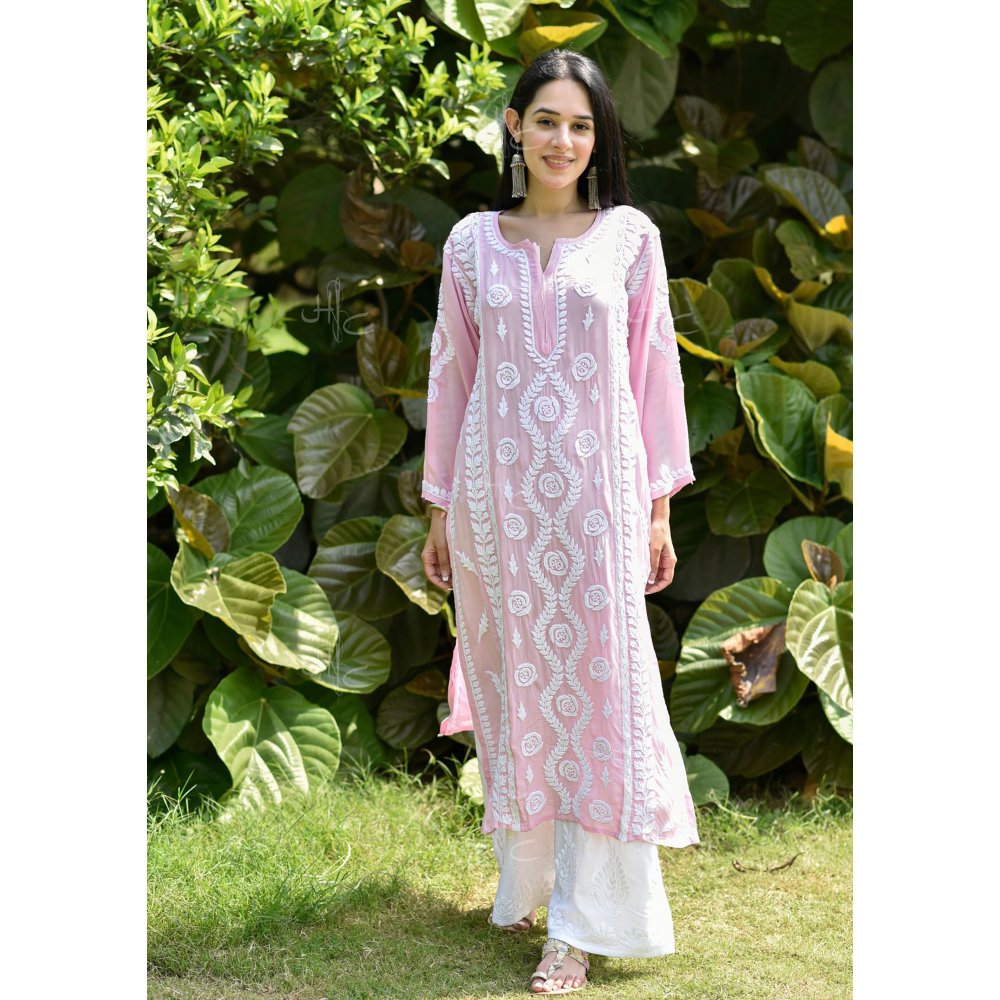 House of Chikankari Nabiha Chikankari Modal Straight Kurta Pink