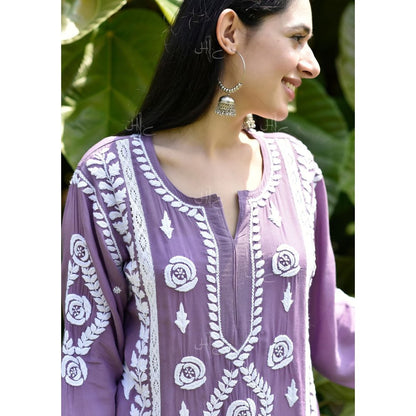 House of Chikankari Nabiha Chikankari Modal Straight Kurta Purple