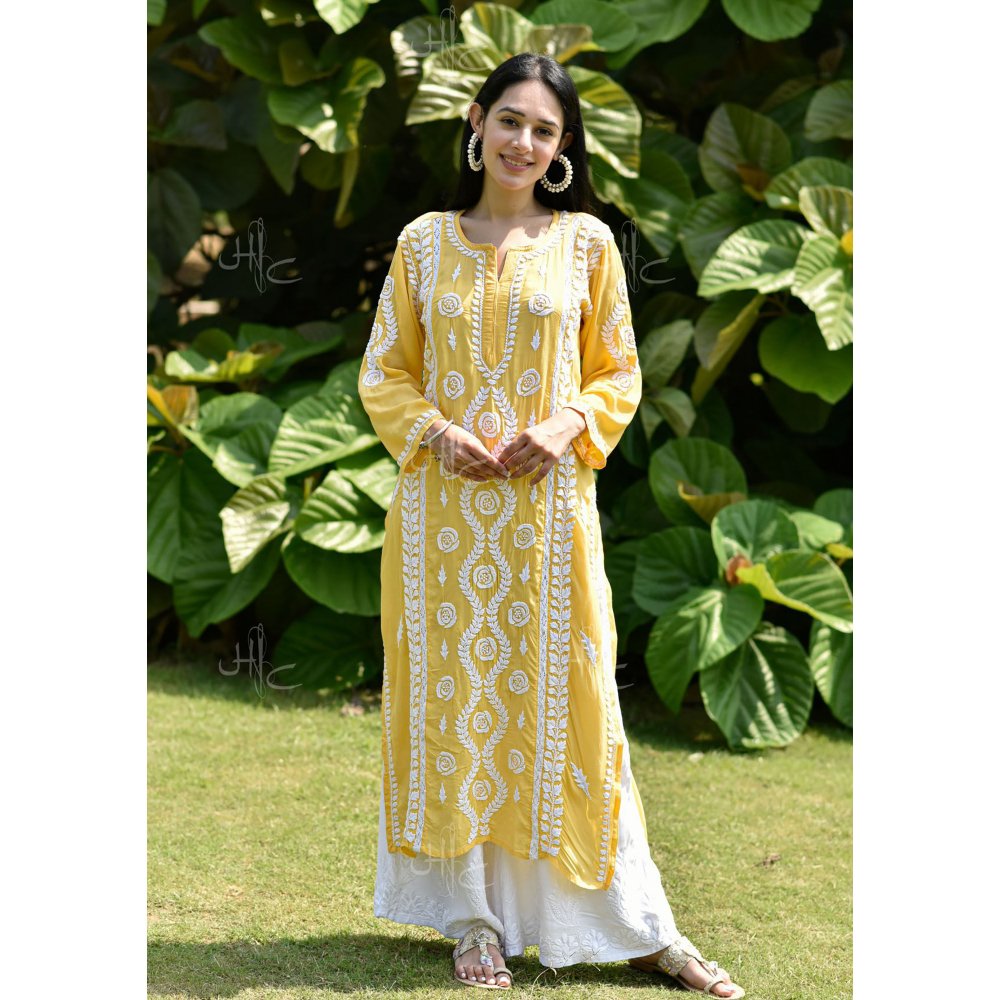 House of Chikankari Nabiha Chikankari Modal Straight Kurta Yellow