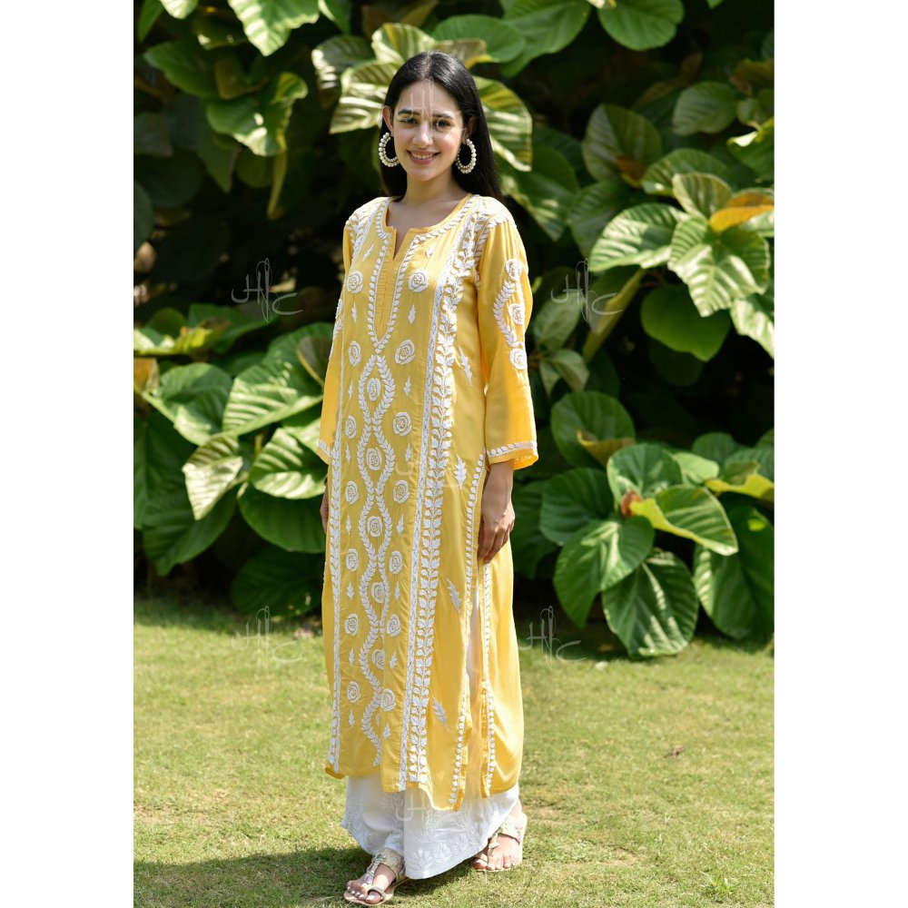 House of Chikankari Nabiha Chikankari Modal Straight Kurta Yellow