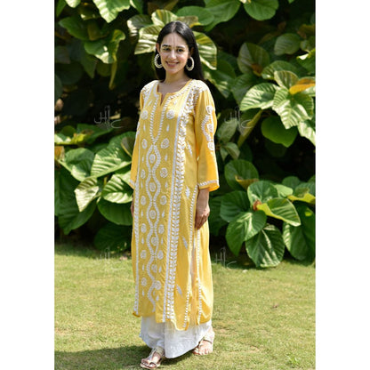 House of Chikankari Nabiha Chikankari Modal Straight Kurta Yellow