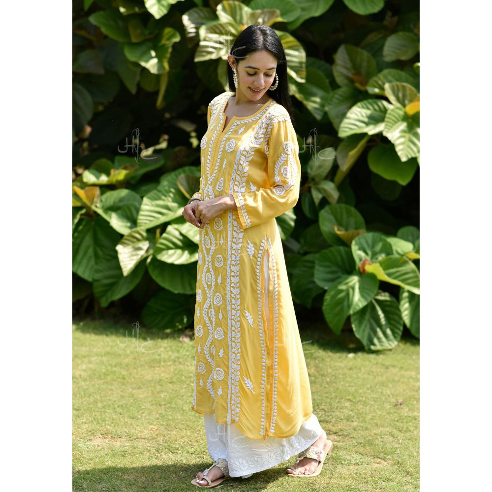 House of Chikankari Nabiha Chikankari Modal Straight Kurta Yellow