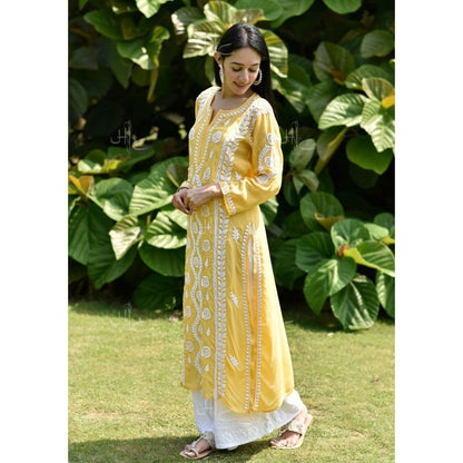 House of Chikankari Nabiha Chikankari Modal Straight Kurta Yellow