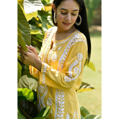 House of Chikankari Nabiha Chikankari Modal Straight Kurta Yellow