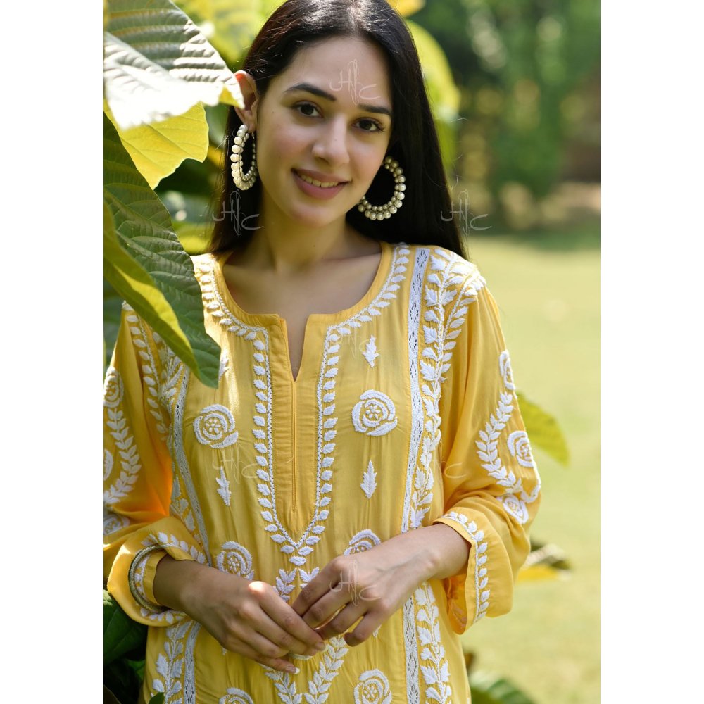 House of Chikankari Nabiha Chikankari Modal Straight Kurta Yellow