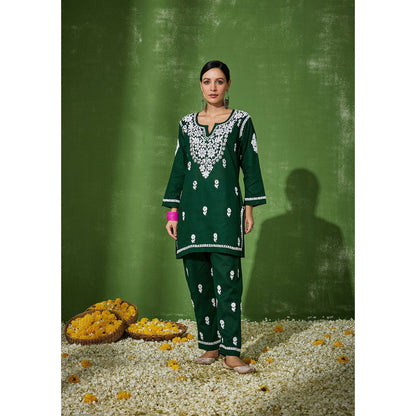 House of Chikankari Nadira Chikankari Cotton Short Kurta with Pants Green (Set of 2)