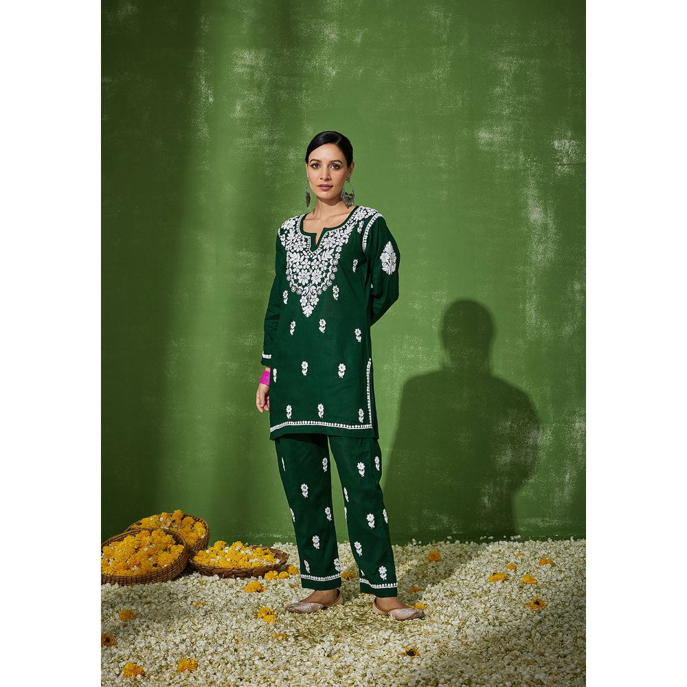 House of Chikankari Nadira Chikankari Cotton Short Kurta with Pants Green (Set of 2)