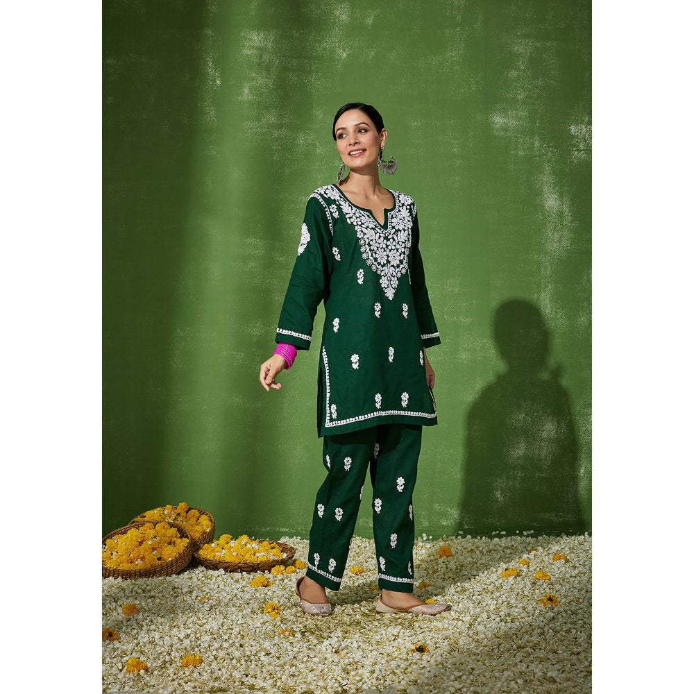 House of Chikankari Nadira Chikankari Cotton Short Kurta with Pants Green (Set of 2)