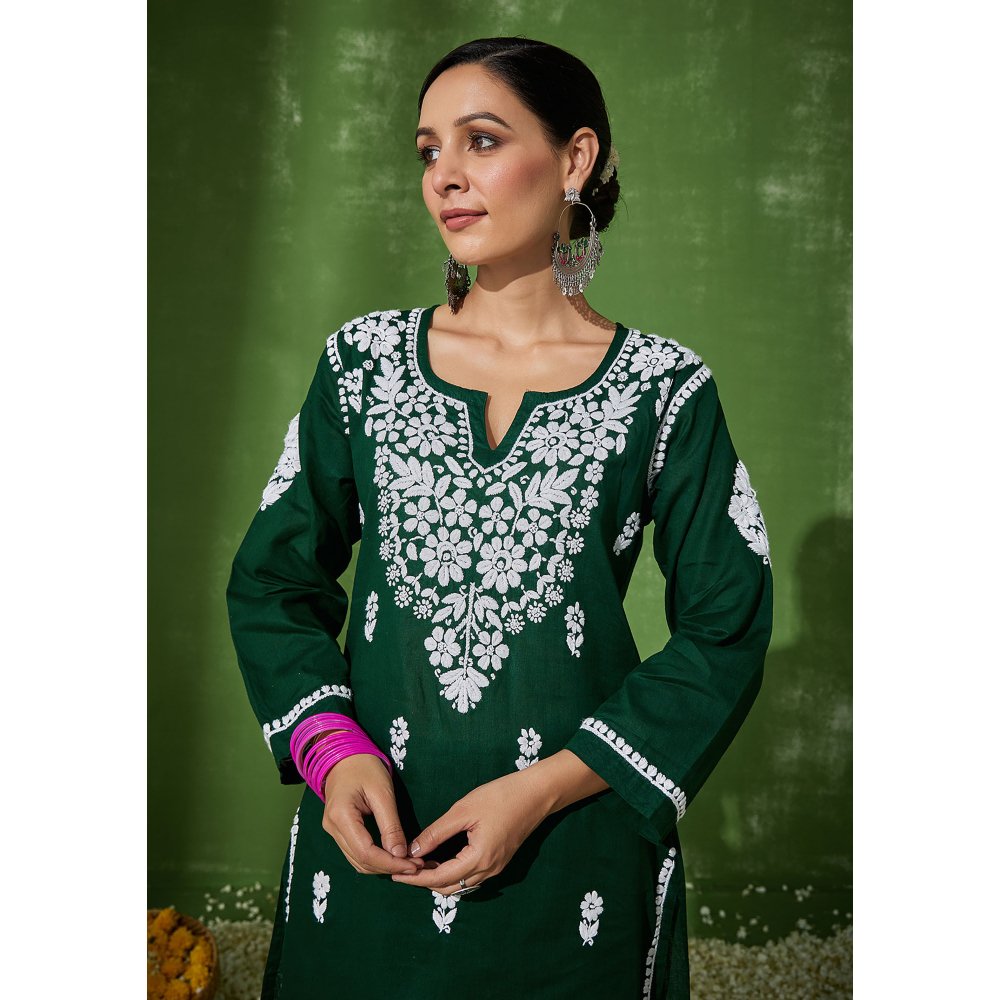 House of Chikankari Nadira Chikankari Cotton Short Kurta with Pants Green (Set of 2)