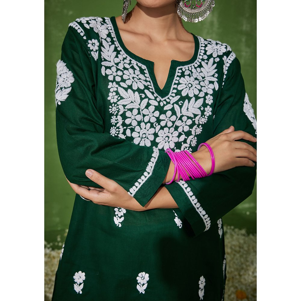 House of Chikankari Nadira Chikankari Cotton Short Kurta with Pants Green (Set of 2)