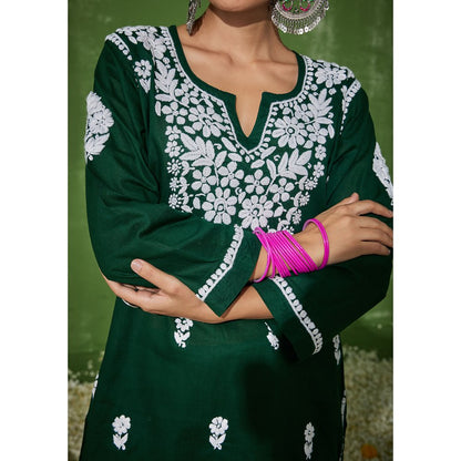 House of Chikankari Nadira Chikankari Cotton Short Kurta with Pants Green (Set of 2)