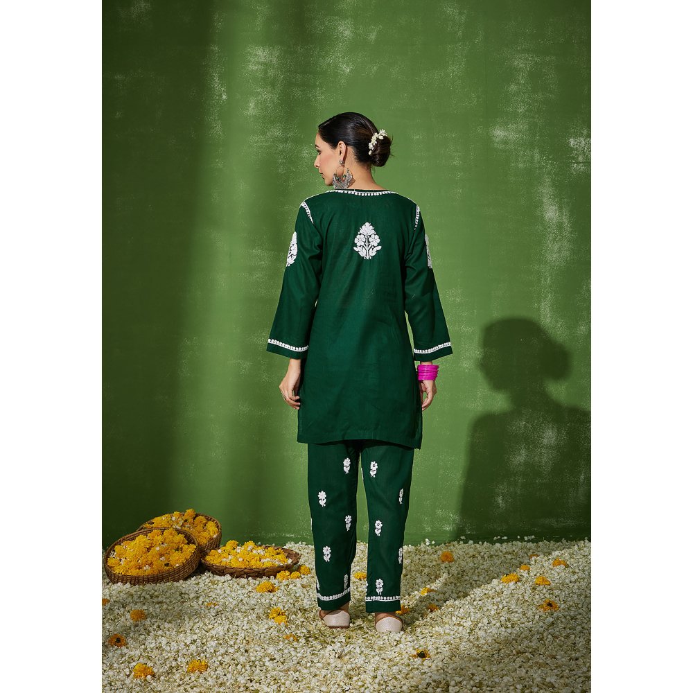 House of Chikankari Nadira Chikankari Cotton Short Kurta with Pants Green (Set of 2)