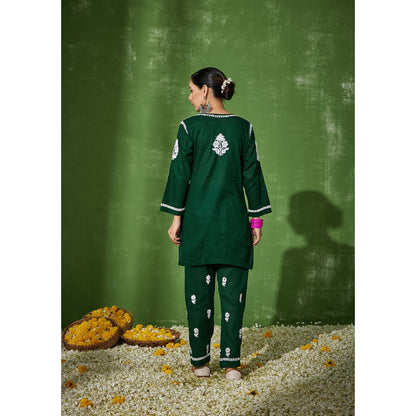 House of Chikankari Nadira Chikankari Cotton Short Kurta with Pants Green (Set of 2)