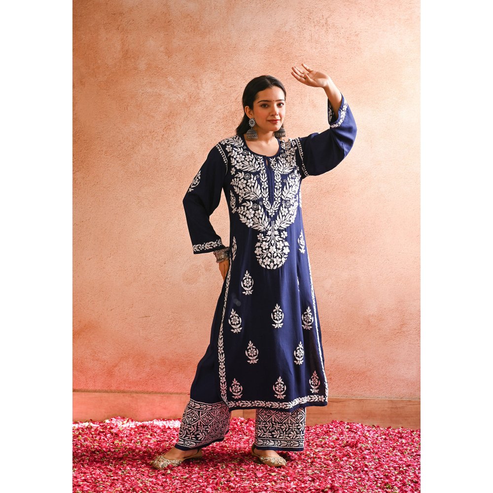 House of Chikankari Sabiya Chikankari Rayon Straight Kurta with Palazzo (Set of 2)