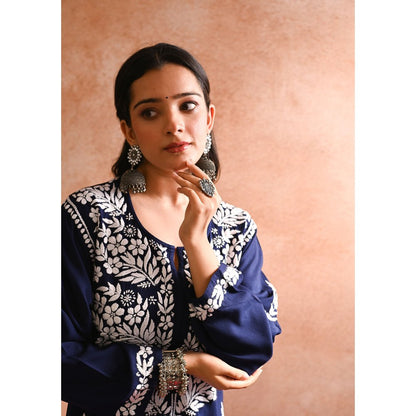 House of Chikankari Sabiya Chikankari Rayon Straight Kurta with Palazzo (Set of 2)