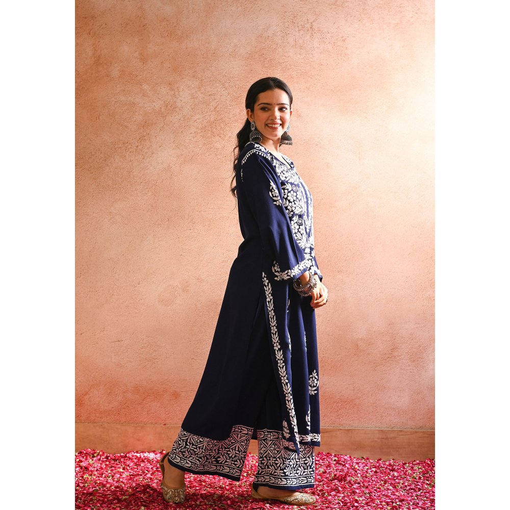 House of Chikankari Sabiya Chikankari Rayon Straight Kurta with Palazzo (Set of 2)