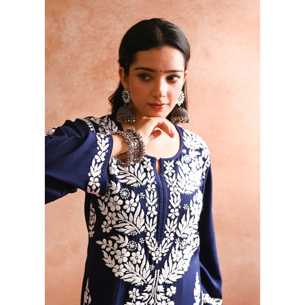 House of Chikankari Sabiya Chikankari Rayon Straight Kurta with Palazzo (Set of 2)
